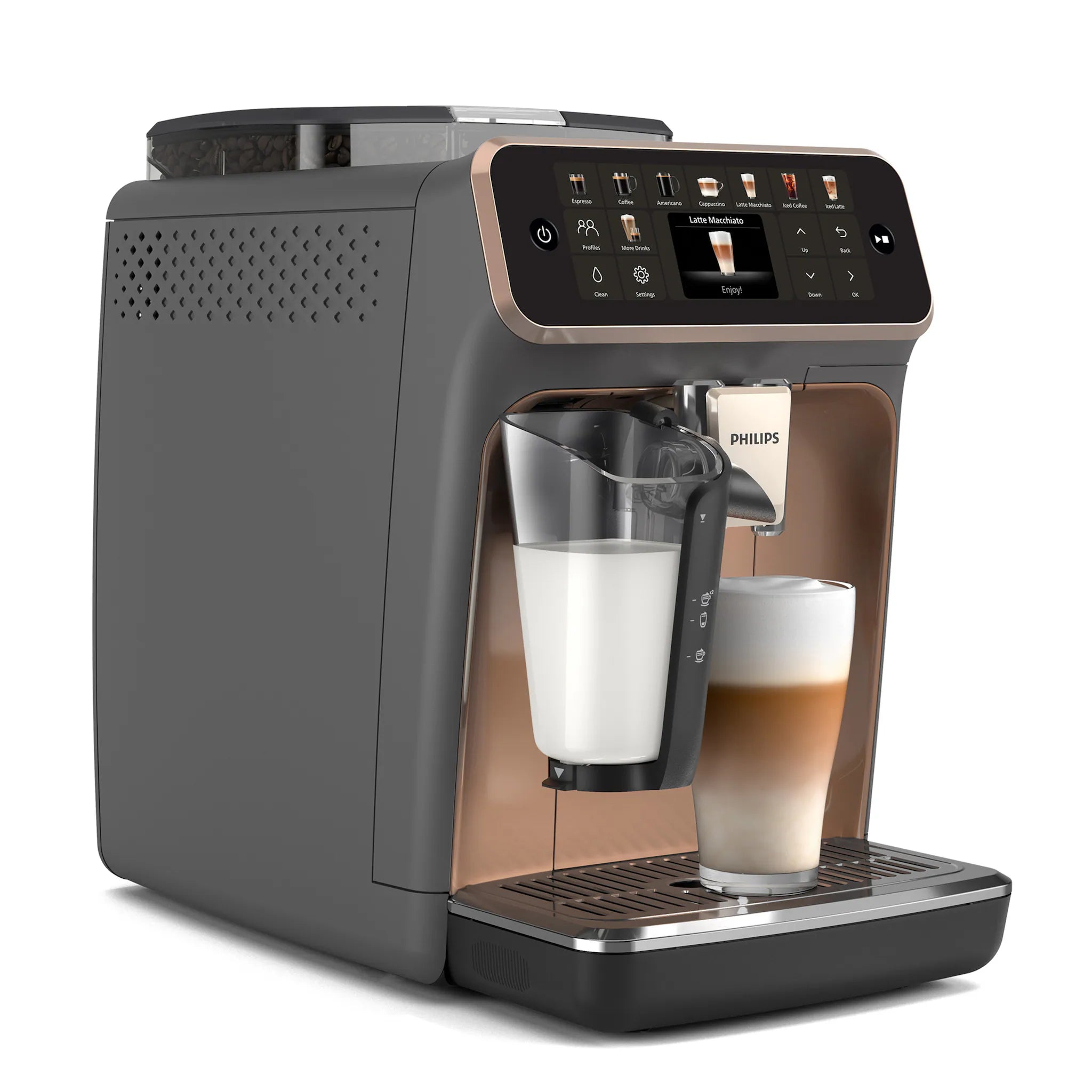 Philips Kaffeevollautomat EP5544/80 5500 Series, 20 Kaffeespezialitäten (heiß oder eisgekühlt),LatteGo-Milchsystem, SilentBrew Technologie, Grau/Kupfer