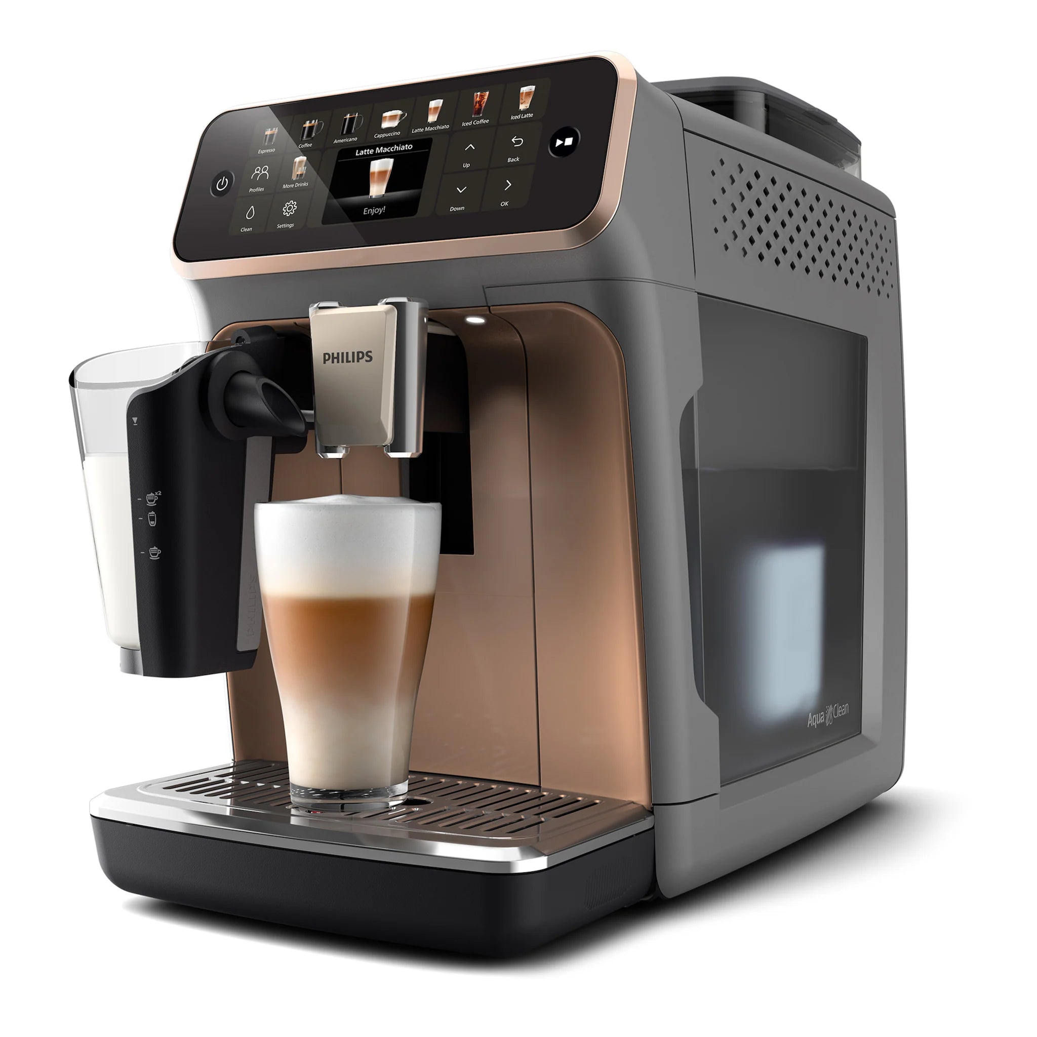 Philips Kaffeevollautomat EP5544/80 5500 Series, 20 Kaffeespezialitäten (heiß oder eisgekühlt),LatteGo-Milchsystem, SilentBrew Technologie, Grau/Kupfer